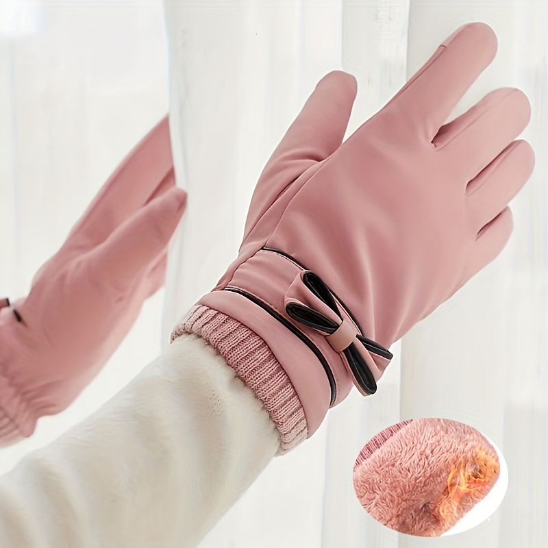 

Women's Outdoor Ski Gloves, Bow Decor Full Finger Winter Warm Gloves, Fleece-lined Waterproof Sports Gloves
