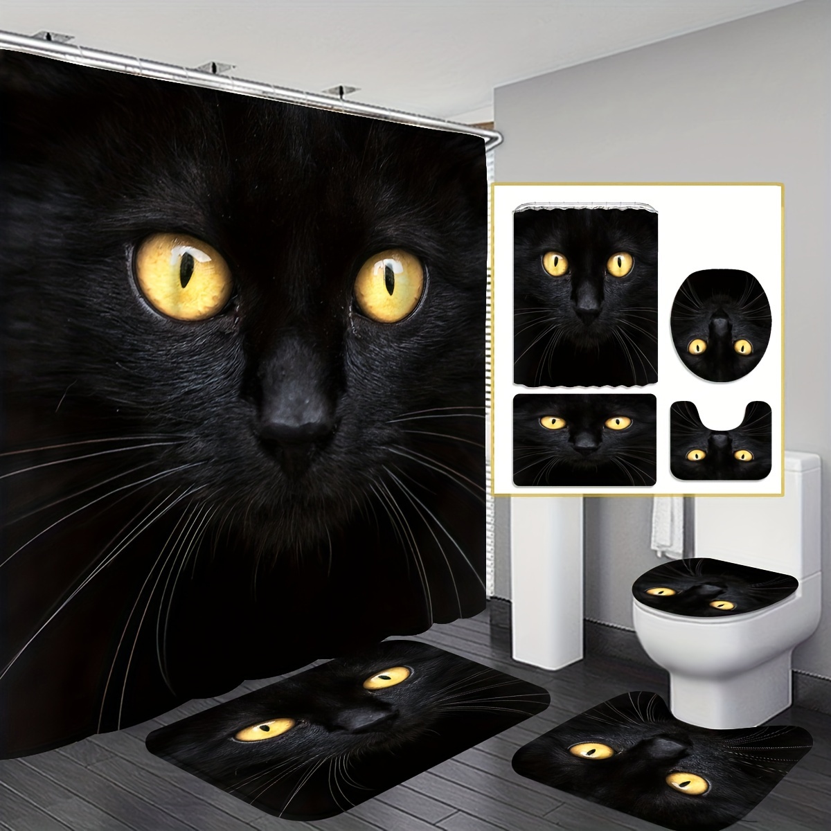 1/4個黒猫柄シャワーカーテンセット バスルームラグ U字型マット