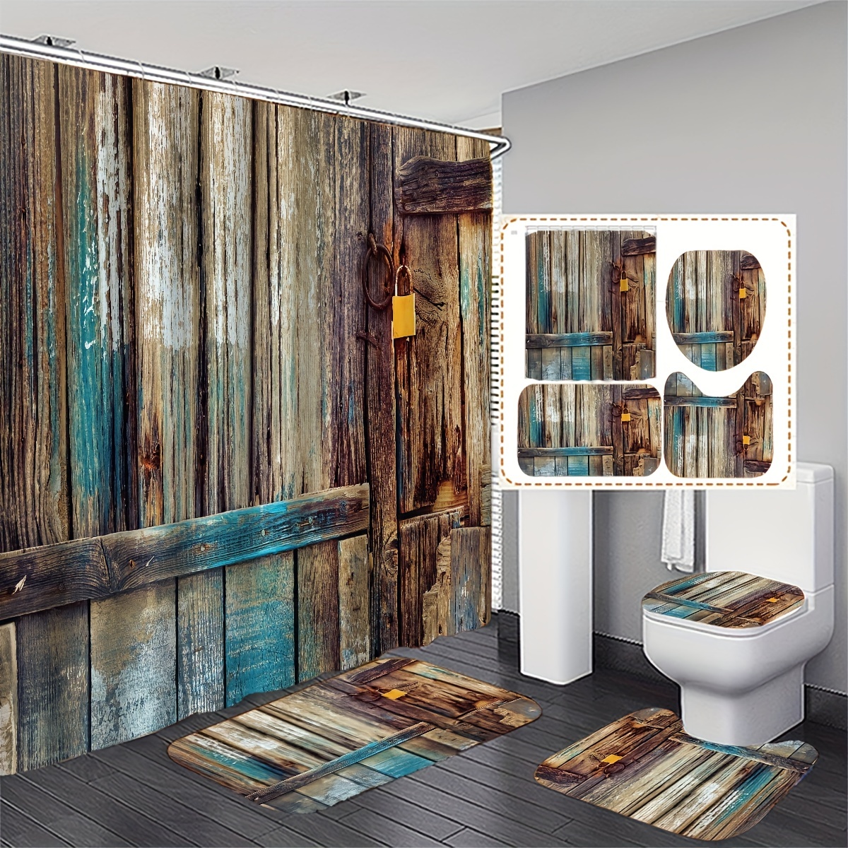 Vintage Style Wooden Door Shelf Wall Shelf Bathroom Shower Curtains  Waterproof Polyester Curtain With 3/4 Hooks