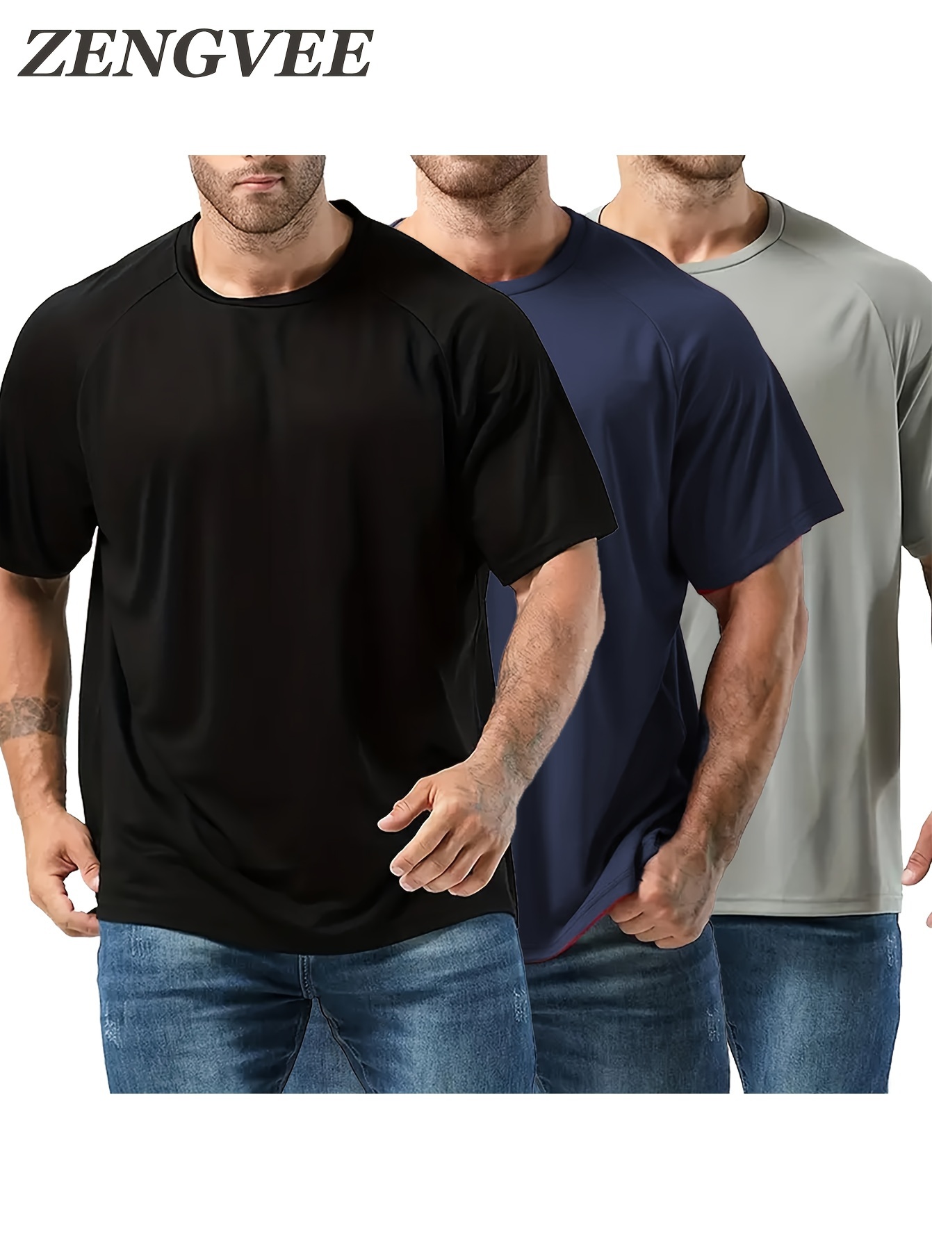 3PCS Mens Casual Fitness Running Moisture Wicking Quick-drying Function  Solid Color Technology Fabric Round Neck T-shirt