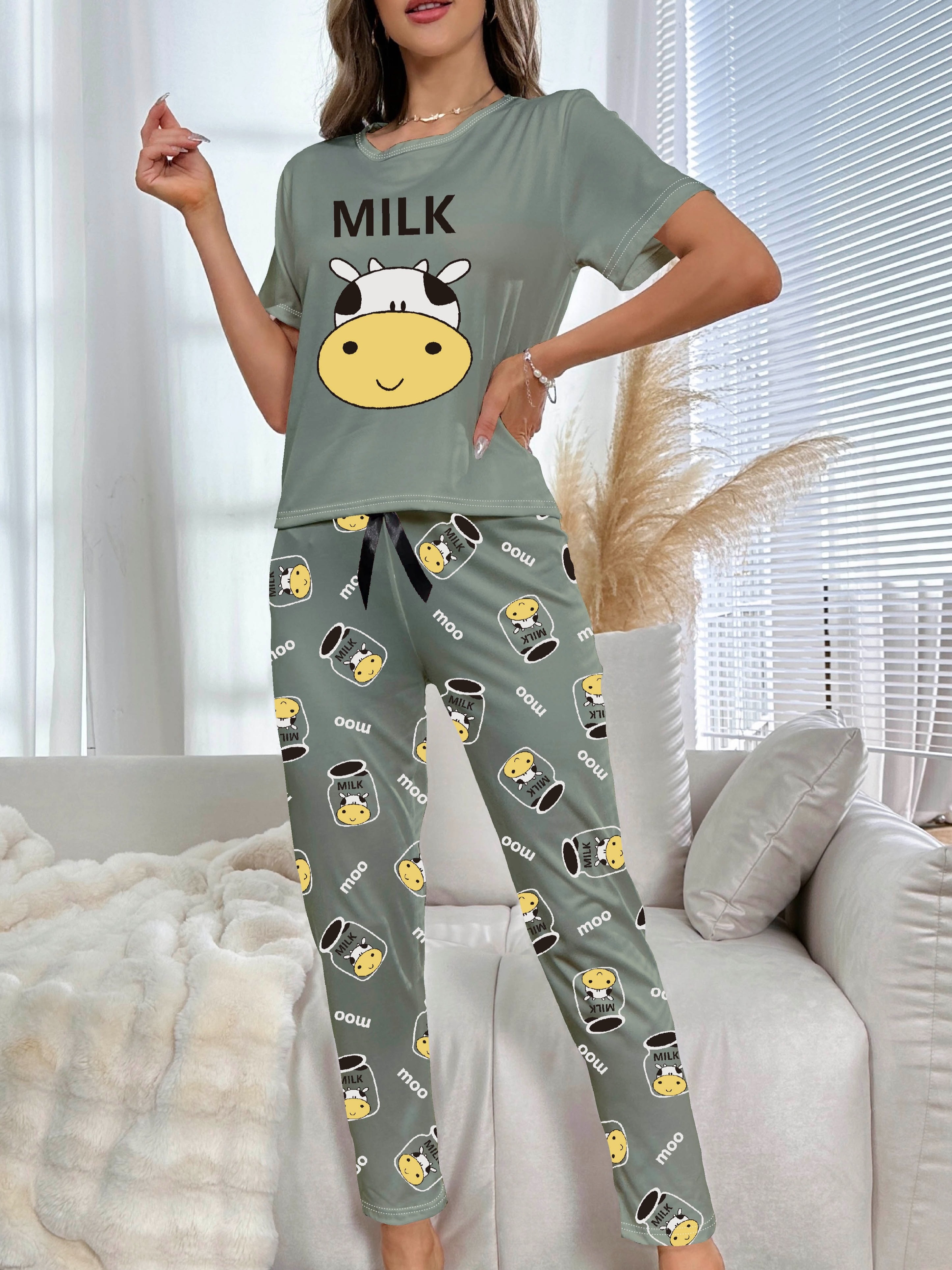 Cartoon Cow Pattern Pajamas Set Casual Short Sleeve Round - Temu