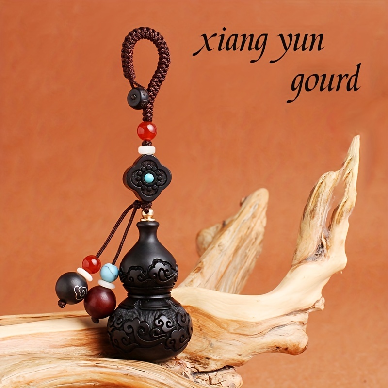 1pc Black Sandalwood Propitious Cloud Engraved Gourd Hand Braided Rope Keychain with Free Shipping