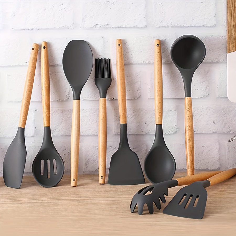 Juego de utensilios de cocina de silicona para utensilios de cocina  antiadherentes, juego de espátulas de silicona y utensilios de cocina de  madera