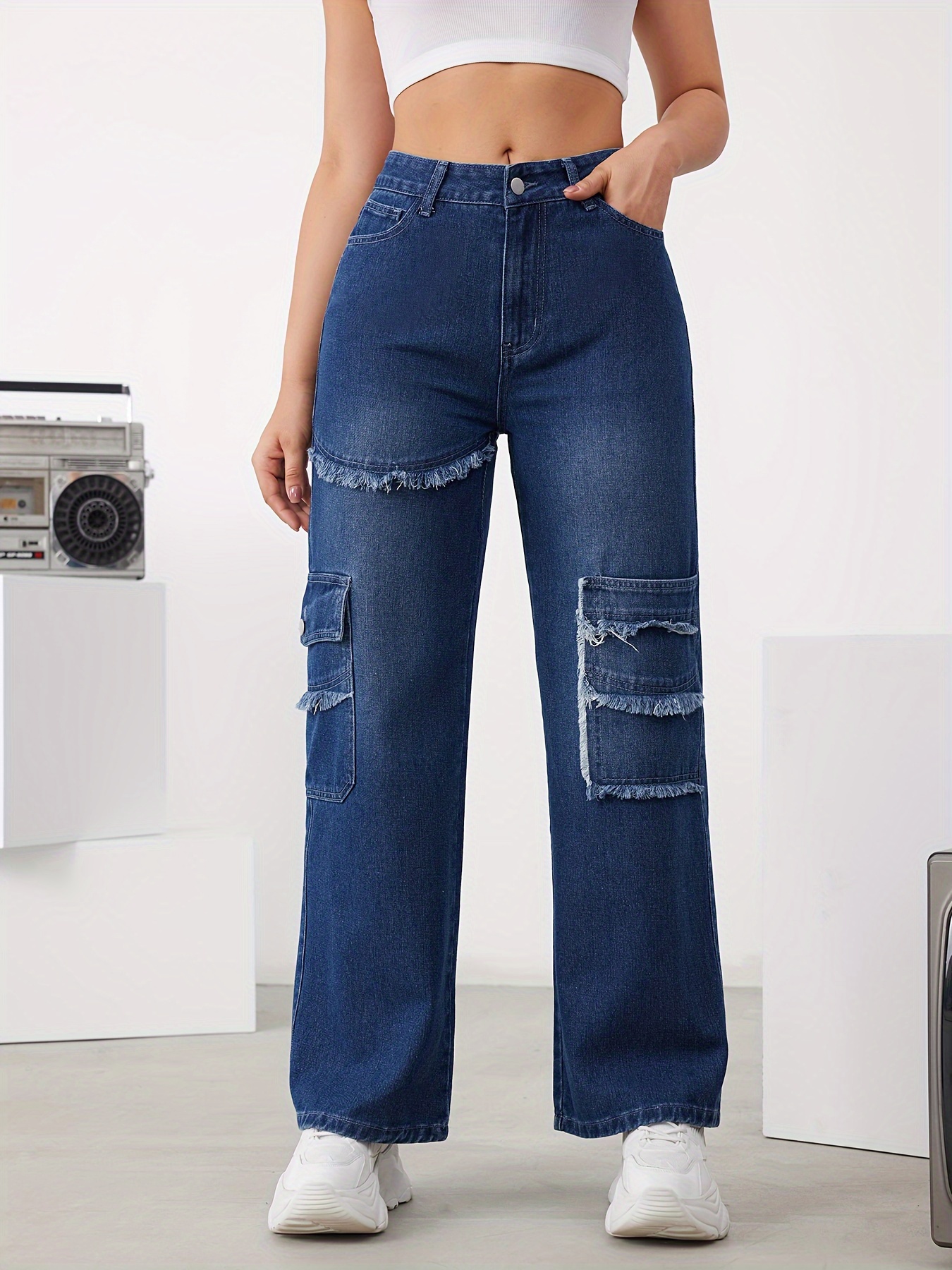 Women's Vintage Cargo Pants High Waist Baggy Jeans Pockets - Temu United  Kingdom