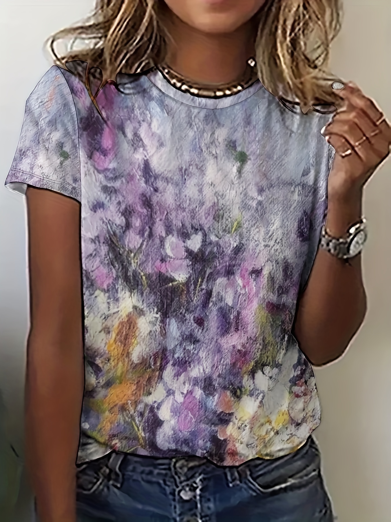 All Over Print Crew Neck T-Shirt, Casual Short Sleeve Top For Spring &  Summer, Women's Clothing