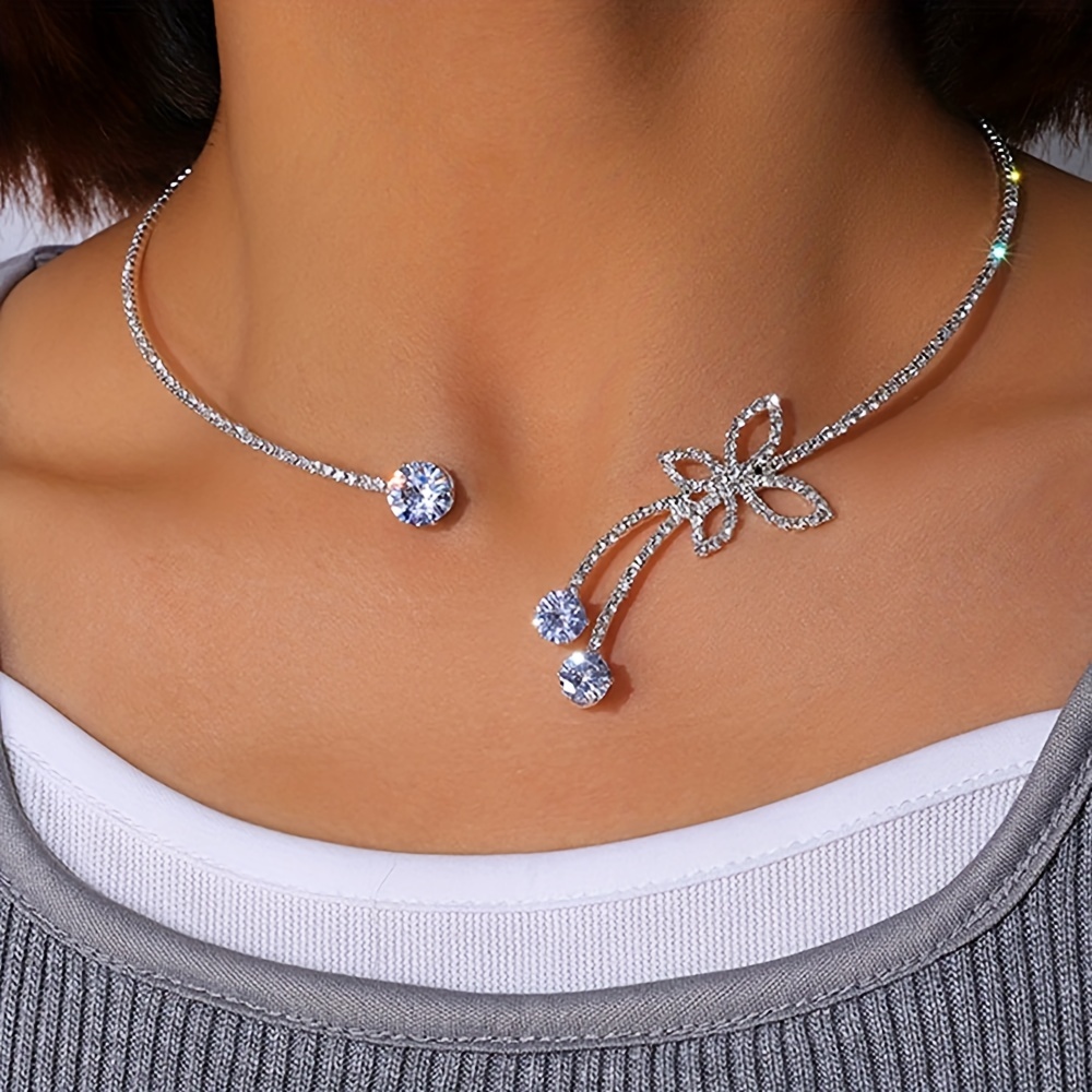 Delicate Glitter Adjustable Silver Choker Necklace, Butterfly Design