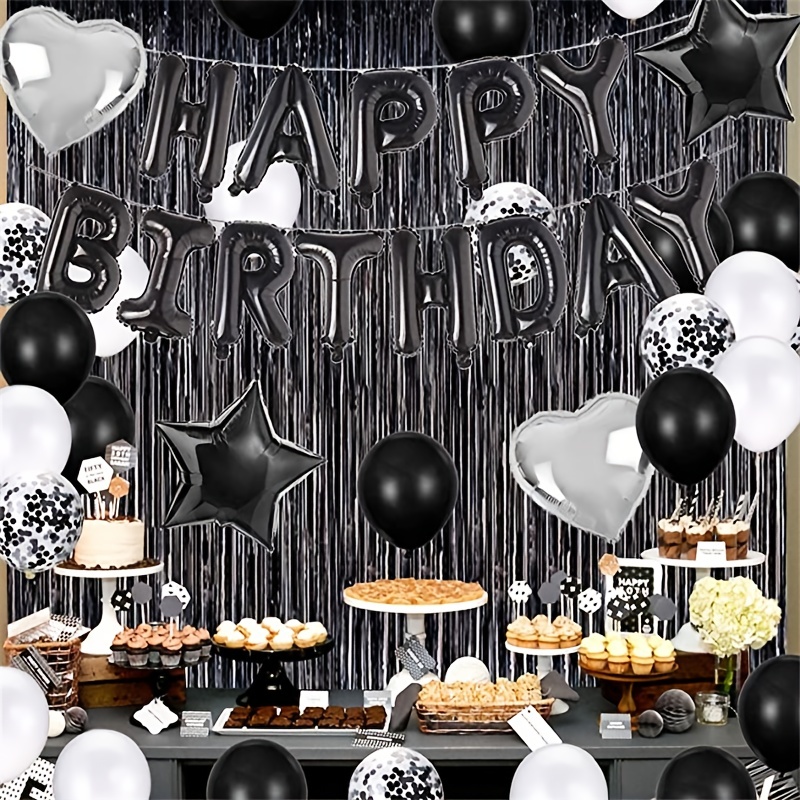 Silver Happy Birthday Banner Backdrop Black White Balloons - Temu