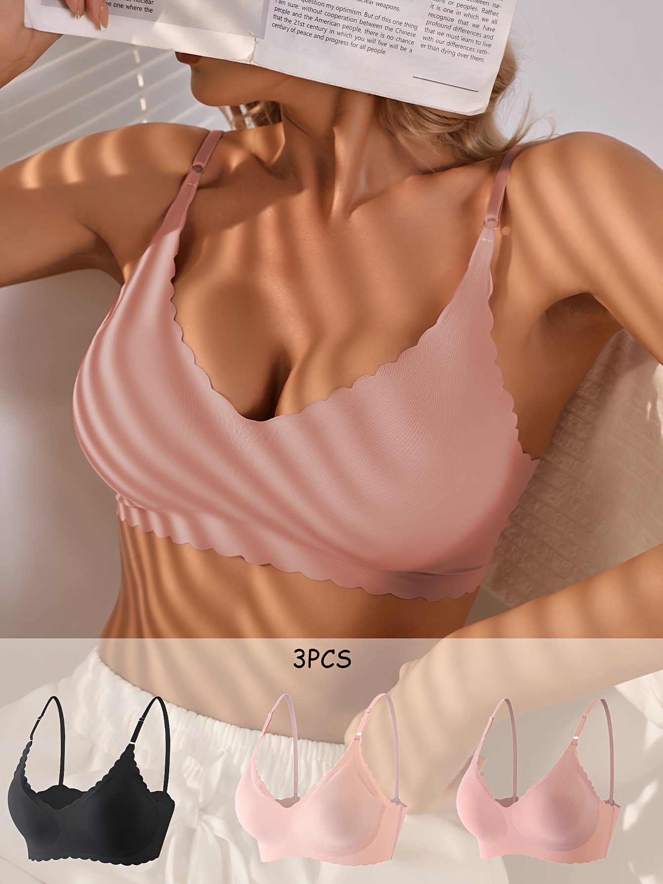 Simple Solid Seamless Bra Comfy Breathable Scallop Trim Bra - Temu