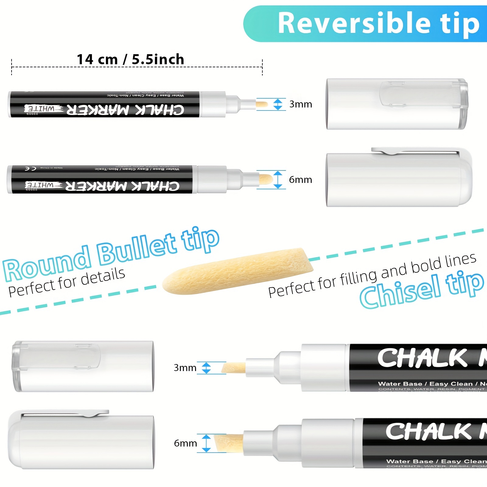 Chalkola White Chalk markers (6 Pack) - White Dry Erase Liquid Chalk Pens  for Chalkboard, Blackboard, Window, Bistro, Car Glass, Board, Signs 