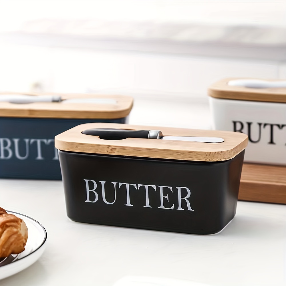 1set Ceramic Butter Dish With Bamboo Lid And Knife, Large Butter
