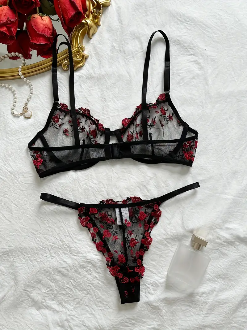 Erotic Floral Lace Lingerie Set See Unlined Bra Mesh Thong - Temu