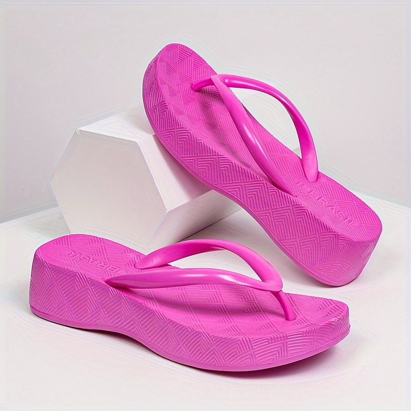 Women's Solid Color Flip Flops, Slip On Non-slip Comfy Wedge Slides, Summer  Beach Casual Platform Shoes