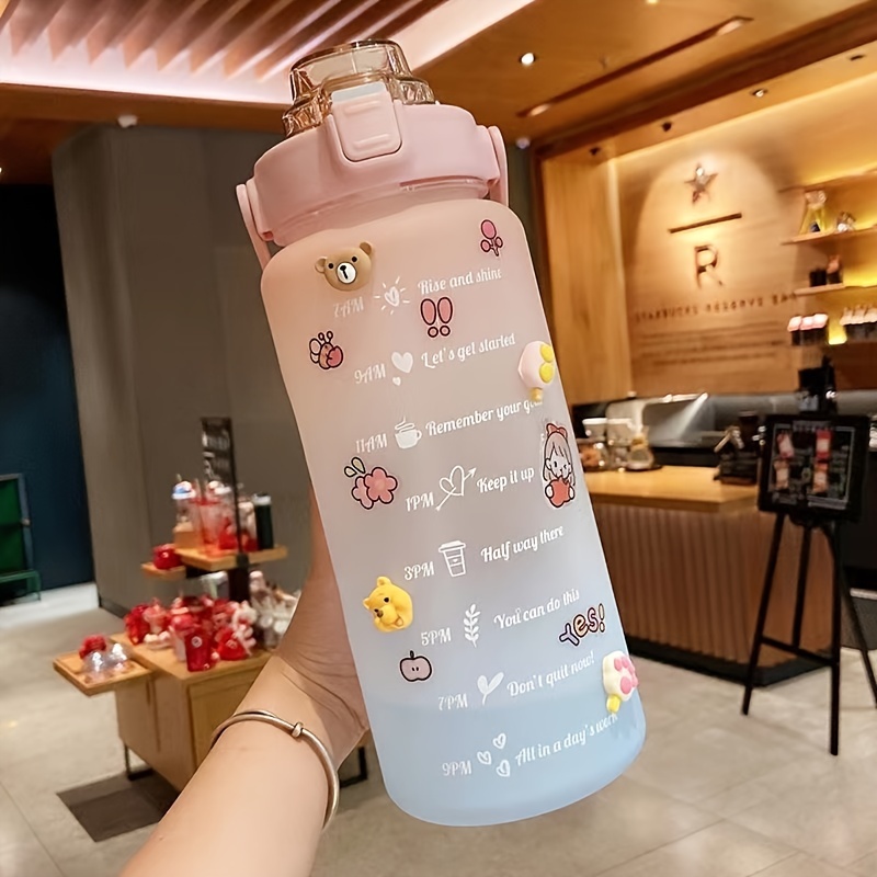 Cute Water Bottle with Lid Straw Sticker Plastic Juice Portable