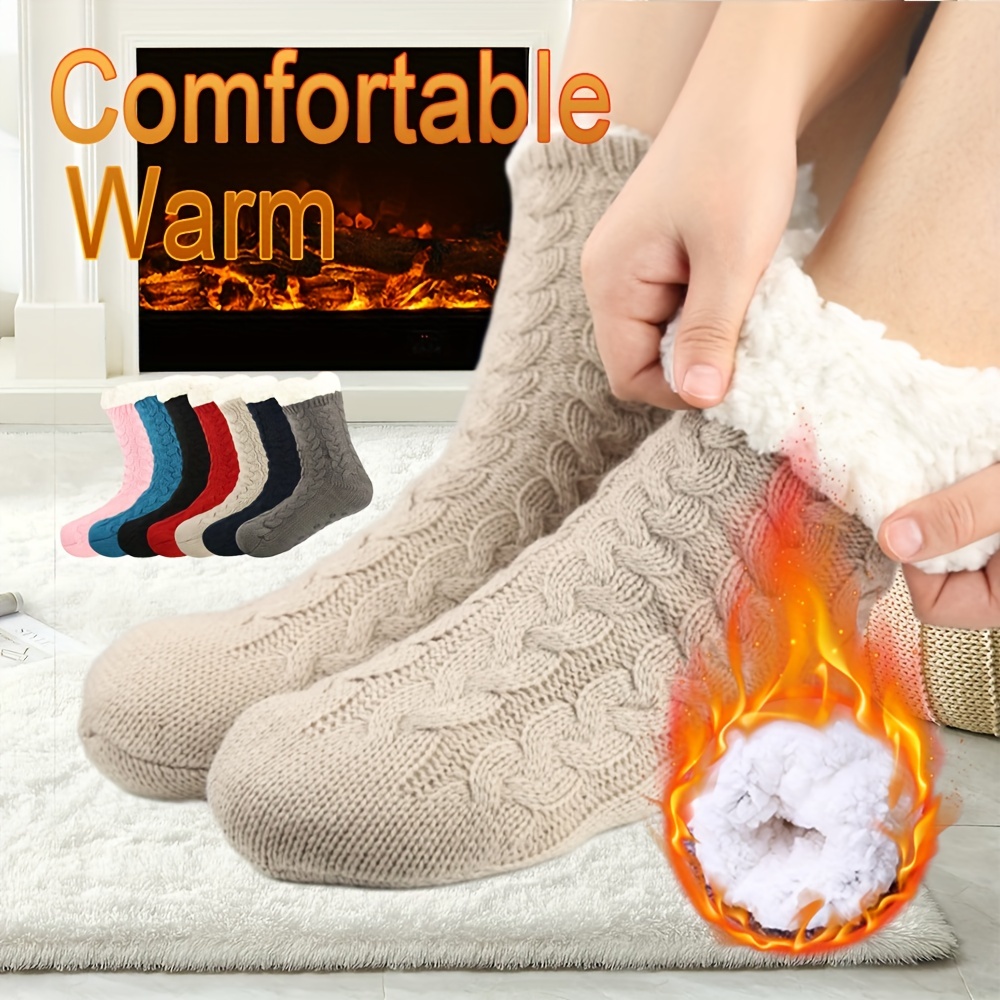 1 Pair Ladies Winter Warm Sherpa Lined Knitted Slipper Socks Non-slip Bed  Socks
