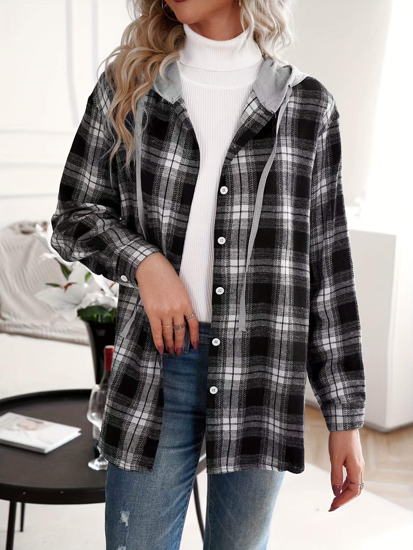 Womens Hoodies Fashion Plaid Jackets for Women Casual Button Down Long  Sleeve Plus Size Hooded Fall Jacket Black 