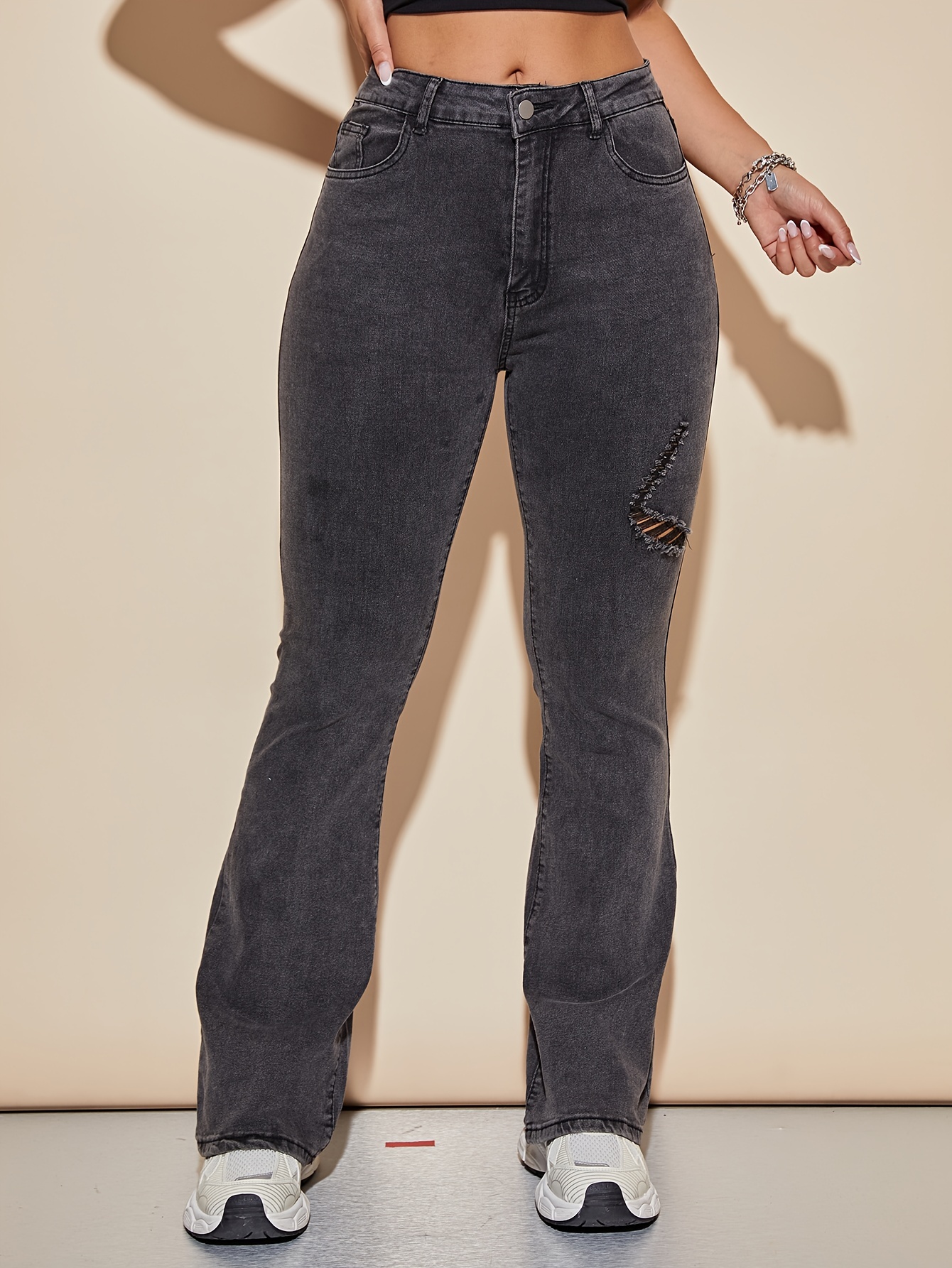 Dark Grey Ripped Holes Flared Jeans, Bell Bottom Wide Legs Niche Design  Denim Pants, Women's Denim Jeans & Clothing