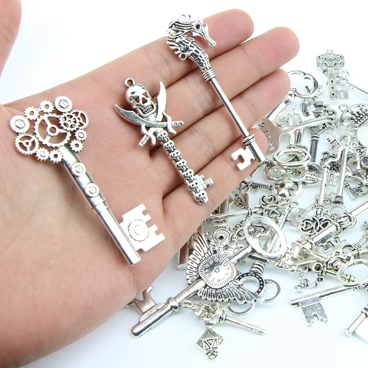 JIALEEY Silver Skeleton Keys Charms, 80pcs Wholesale Bulk Lots Mixed Antique Castle Dungeon Pirate Victorian Filigree Heart