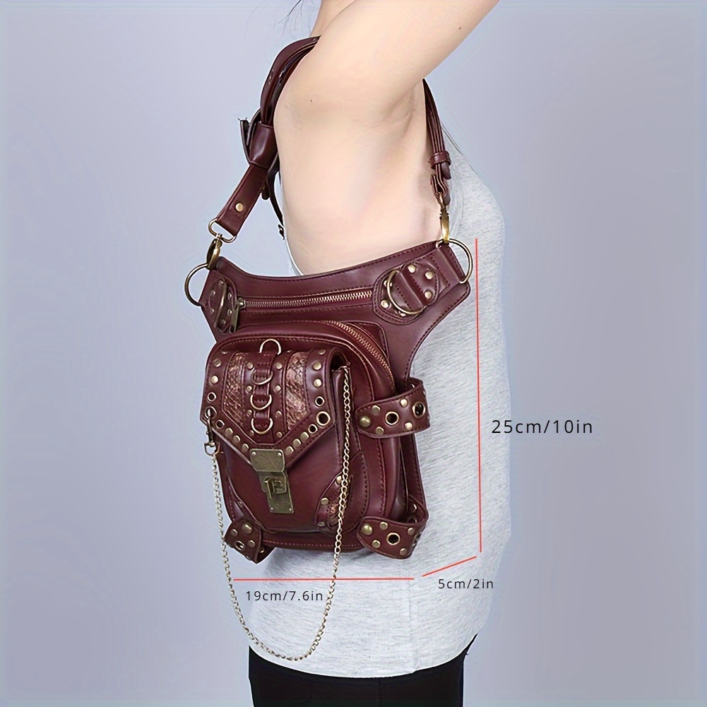 Steampunk PU Leather Waist Bag Gothic Rivet Chain Droped Leg Bag Vintage PU Leather Motorcycle Bag