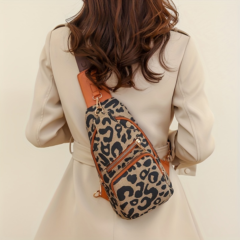 Leopard Pattern Sling Chest Bag, Multi Zipper Crossbody Bag