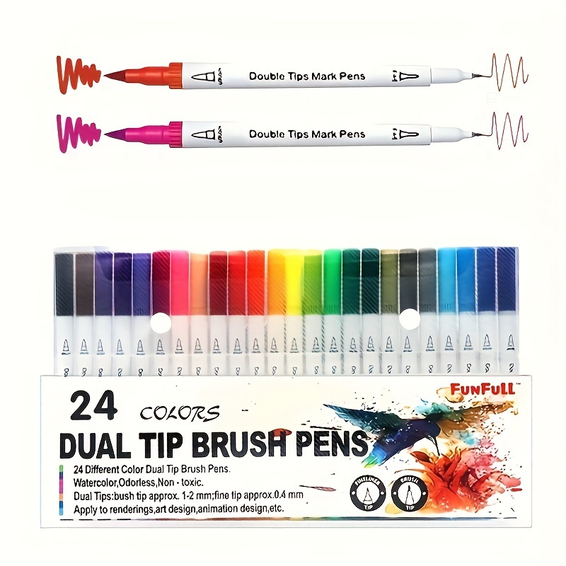 24 Colors Dual Tip Brush Marker, Fineliner & Soft Tip Art Markers For  School, Drawing, Writing And Journaling