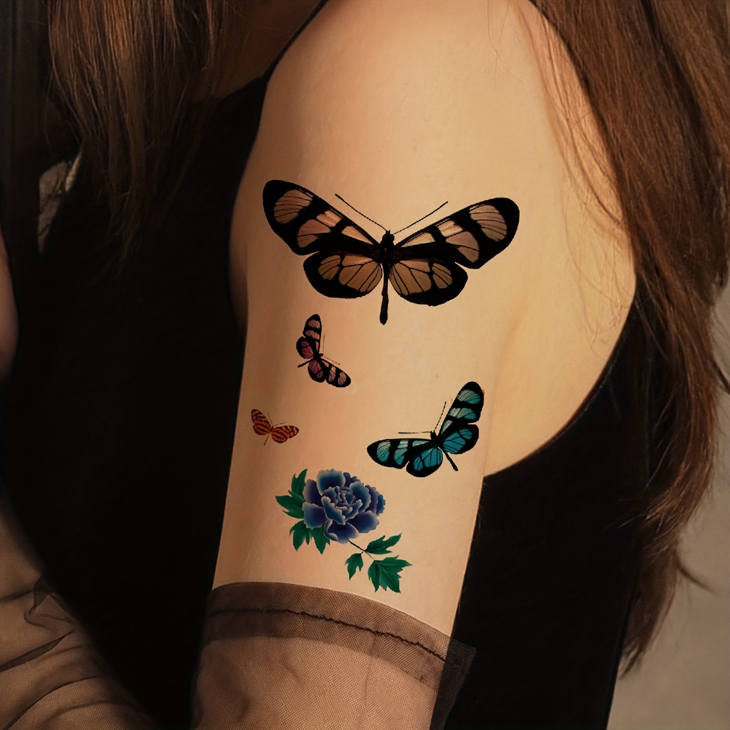 Tatuagem falsa temporária de borboleta, adesivo de tatuagem falsa