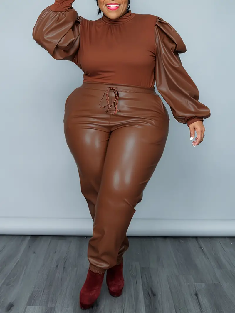Plus Size Two Pieces Leather Pants Set Solid Color Skinny 2PC