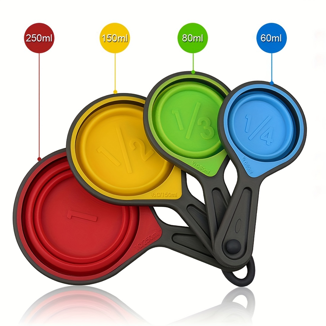 Collapsible Silicone Measuring Cups with 60ml/80ml/125ml/250ml - 4 Piece  Set Kitchen Measuring Tools (4 Colors)