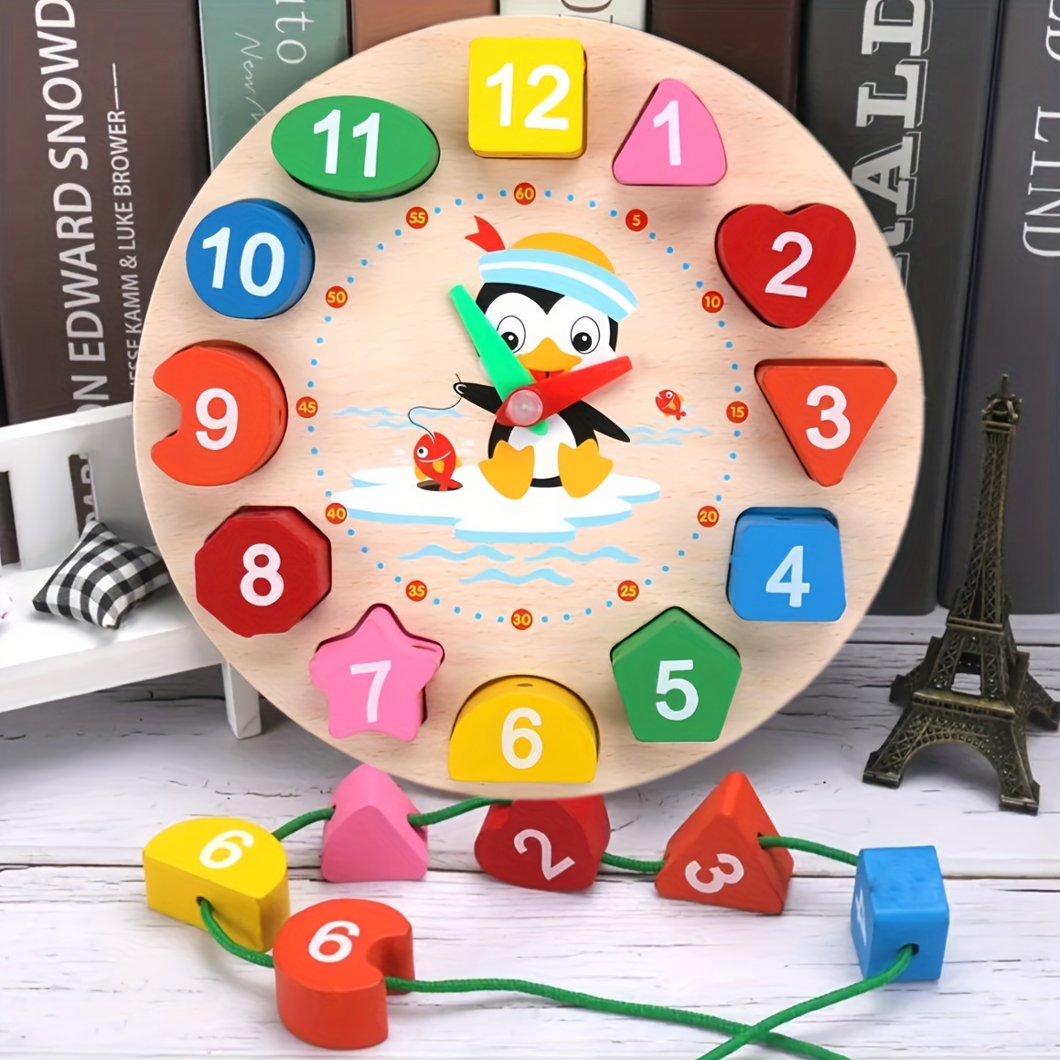 

Early Learning Center Wooden Teaching Clock With Random Pattern, Toys Wooden Shape Color Sorting Clock Teaching Time Number Blocks Puzzle Stacking Montessori Educational Toy Gift For Year Old Kids