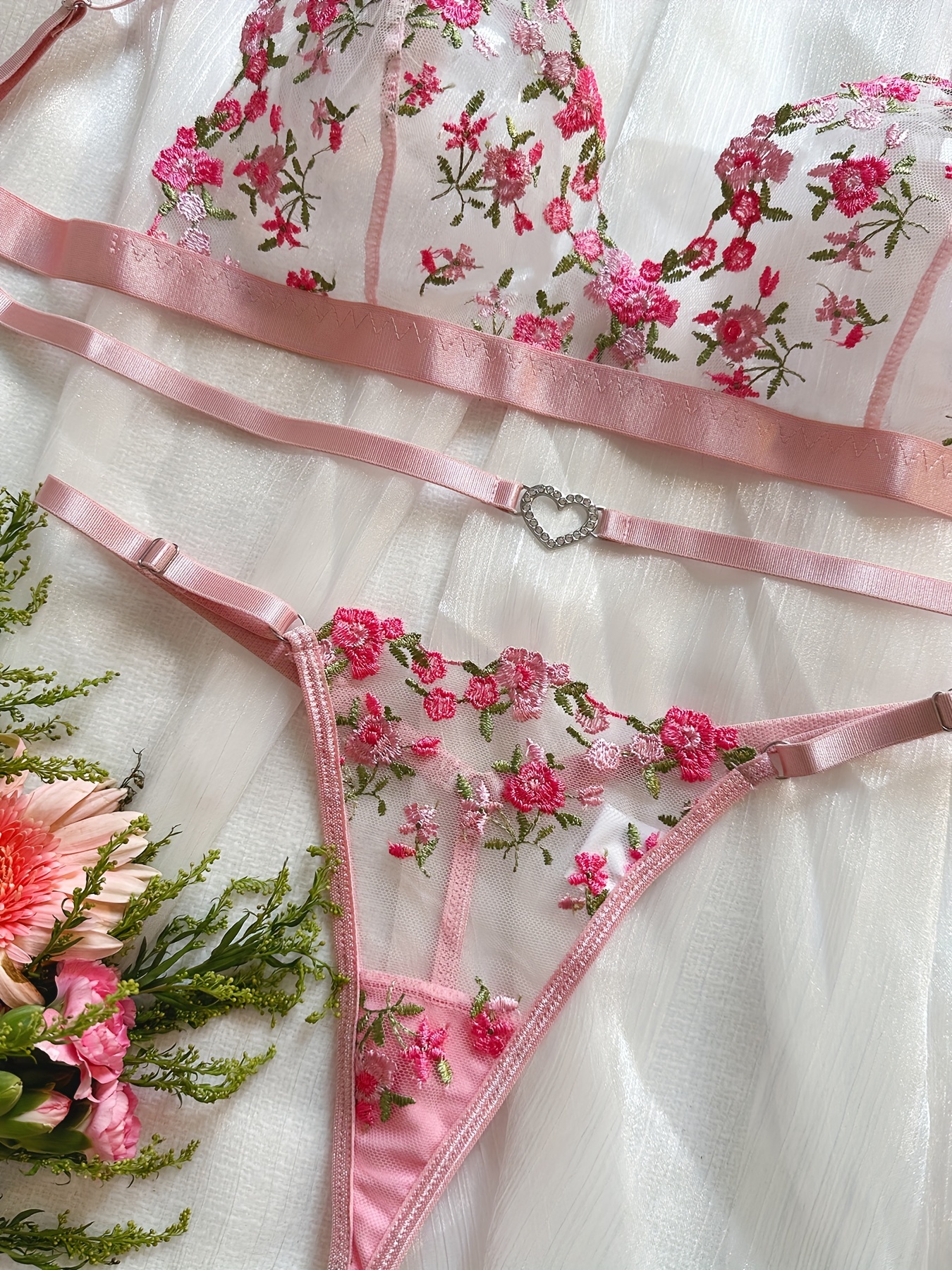 Hot Pink Floral Embroidered Harness Lingerie Set