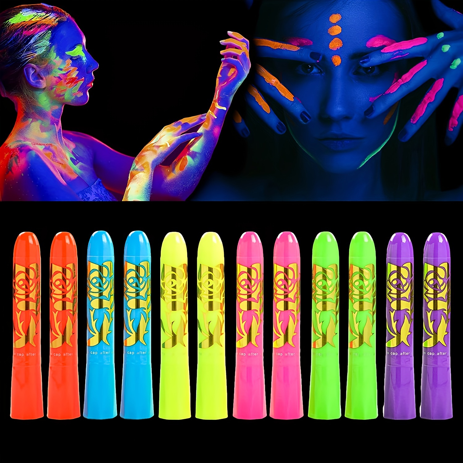 12 Pack Glow in The Dark Face & Body Paint Crayon Kit Under UV