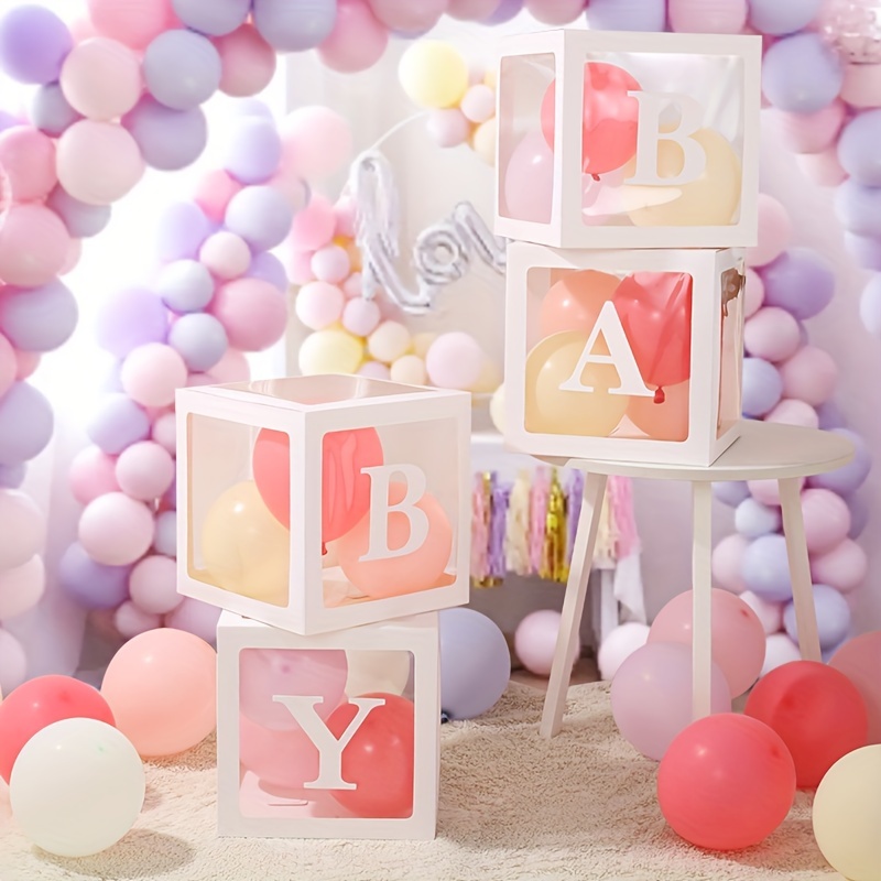 Baby Shower Decoración Caja Kit para Muchacha Niños, 4Pcs Blancas Cuadradas  Transparentes Globos Cajas con BABY Letras para Rosa Baby Shower,  Cumpleaños Fiesta Decoración : : Bebé