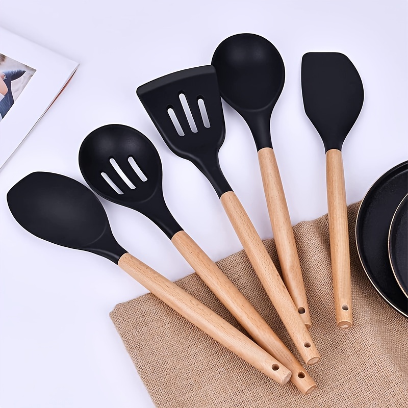 Silicone Kitchen Utensils With Wooden Handle Including And - Temu