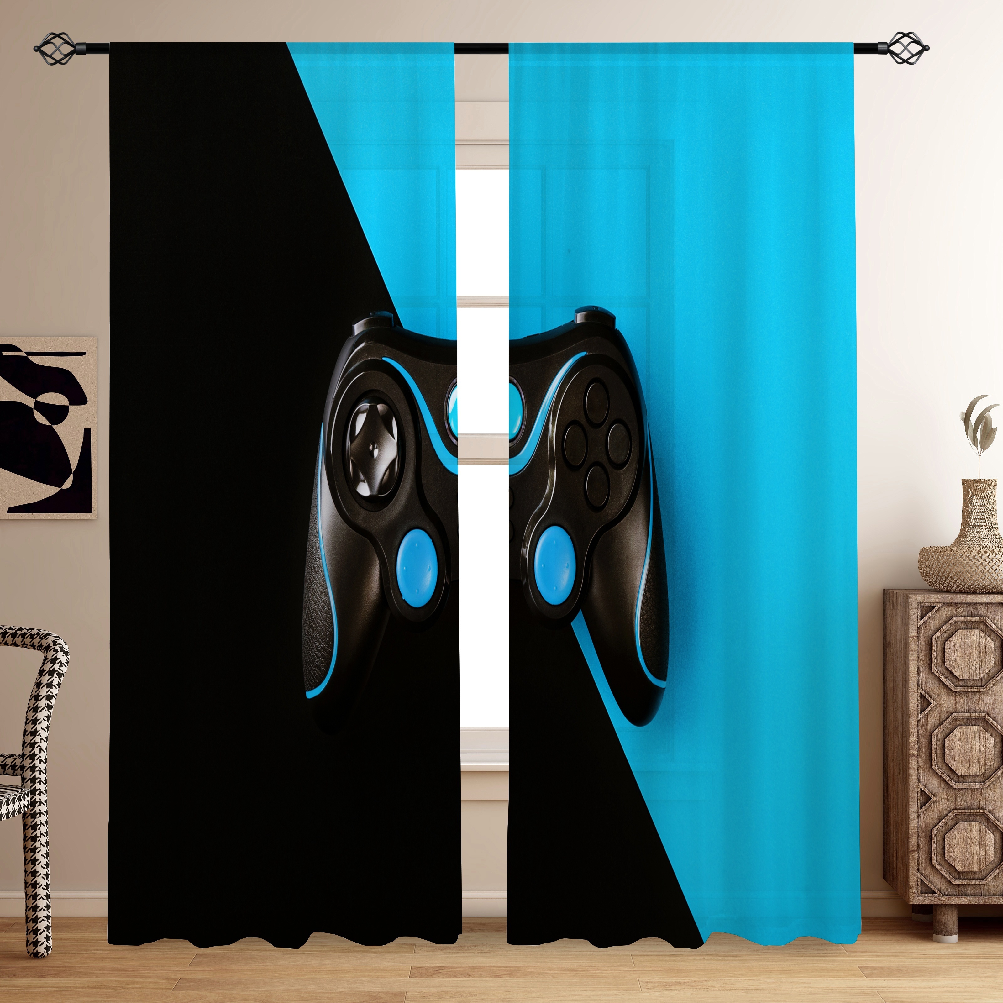

2pcs, Gamepad Black Blue Bottom Printed Translucent Curtains, Multi-scene Polyester Rod Pocket Decorative Curtains For Living Room Bedroom Home Decor Party Supplies