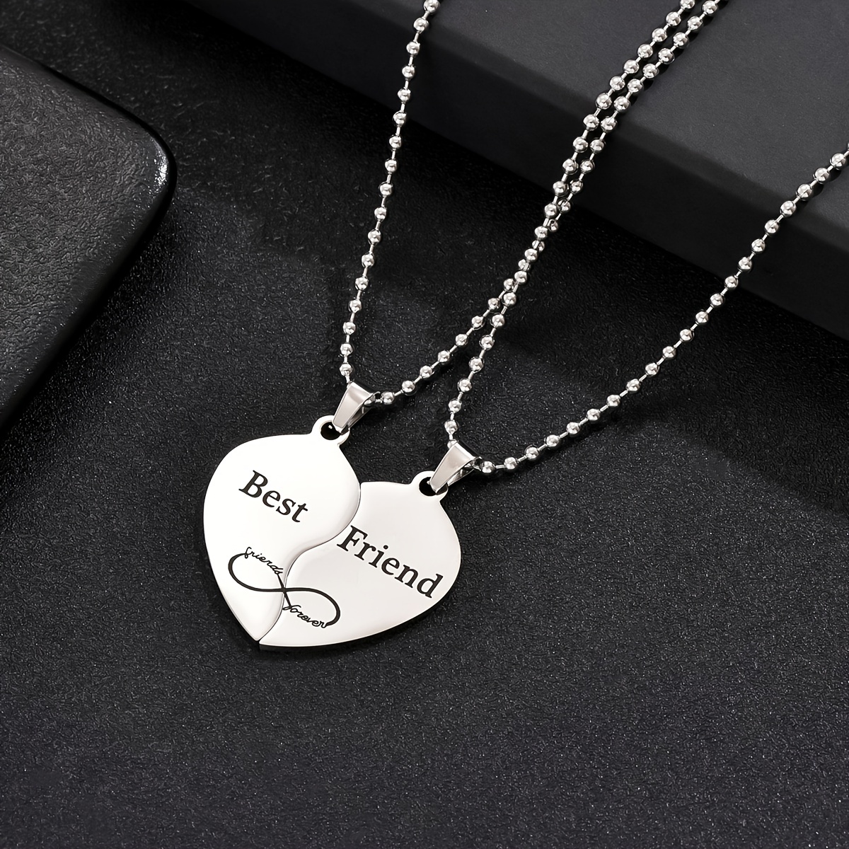 2x Matching Necklace for Best Friends Personalized Magnet Heart Pendant Necklace Engraved Gift for Kid Children, Girl's, Grey Type