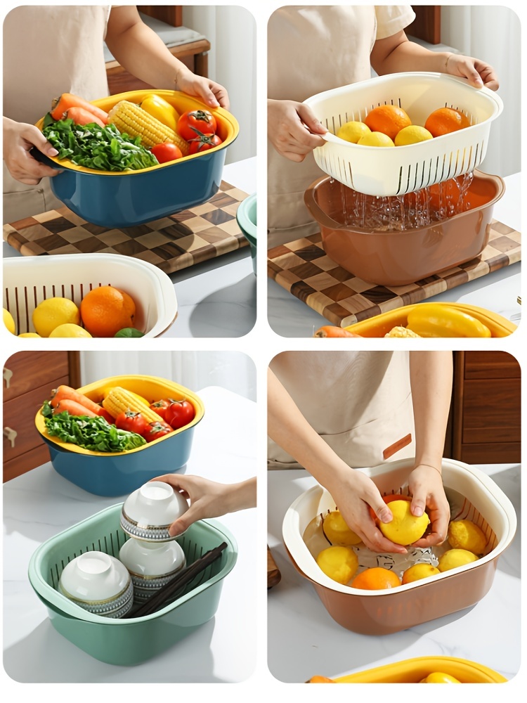 Double Drain Basket Creative Kitchen Plastic Fruit Bowl Drain Water Basket  - Green Complete…