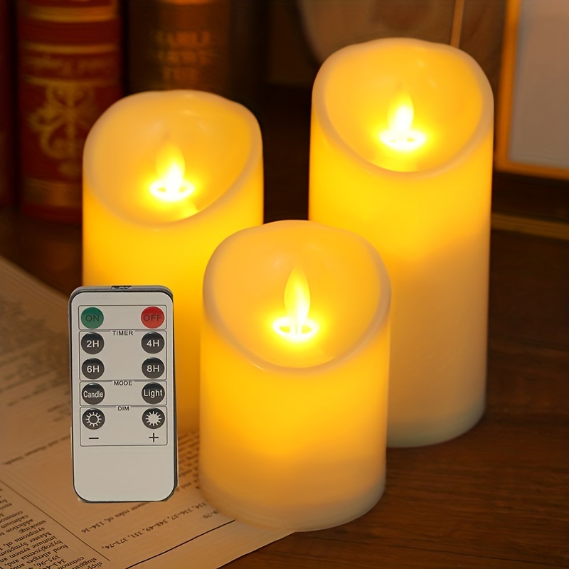JHY DESIGN Juego de 3 velas LED sin llama de cera real, efecto 3D, velas  parpadeantes con batería con temporizador de control remoto de 8 teclas –  Yaxa Store