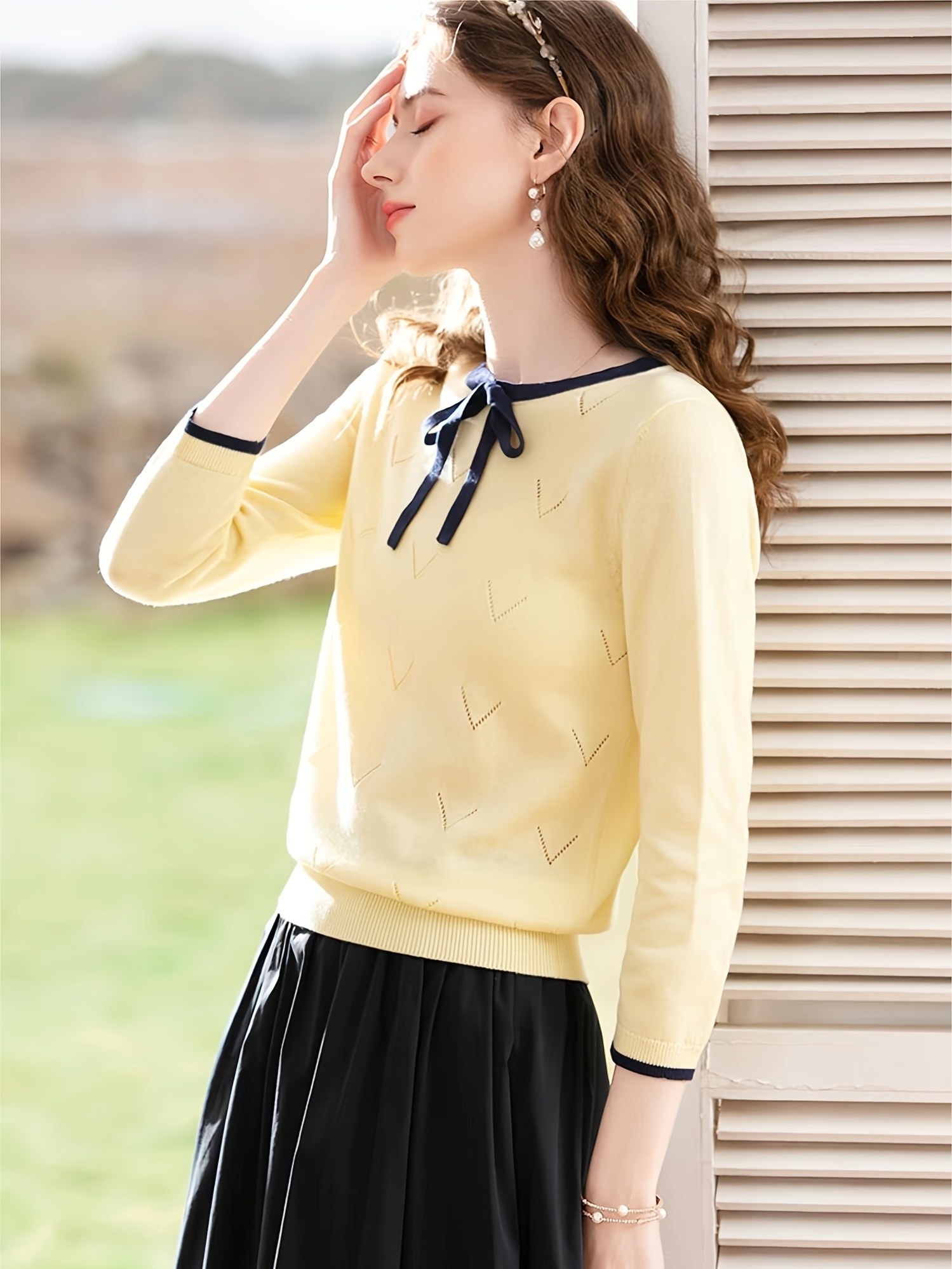 Bow Tie 3/4 Sleeve Knit Sweater Elegant Crew Neck Eyelet - Temu Canada