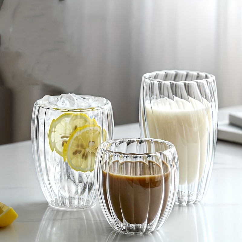 Glass Mug with Golden Handle Glass Coffee Cups Portable Transparent Ribbed  Glass Water Drinkware Home Office Milk Tea Cup