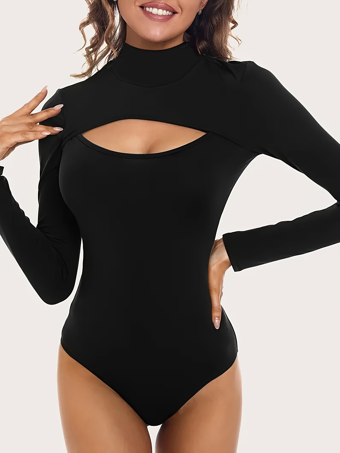 Bodysuit Casual Long Sleeve Solid Color Slim Fit Shapewear Bodysuit Softy  Trendy Bodysuit Shirts for Women Elegant Fashion Jumpsuit for Women Workout  Cutout Bodysuit Tummy Control（Black,XL） 