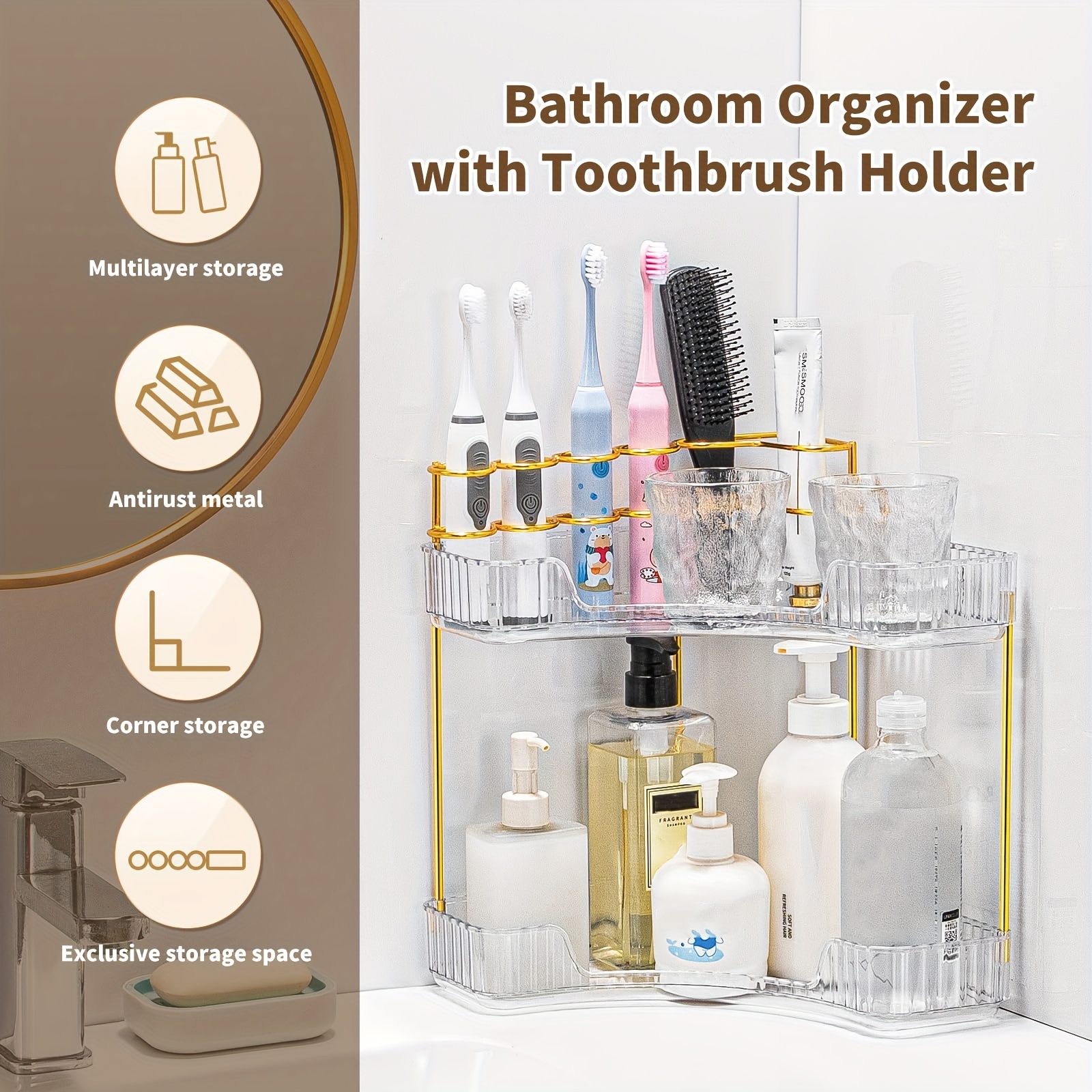 2 Tier Bathroom Counter Organizer with Toothbrush Holders