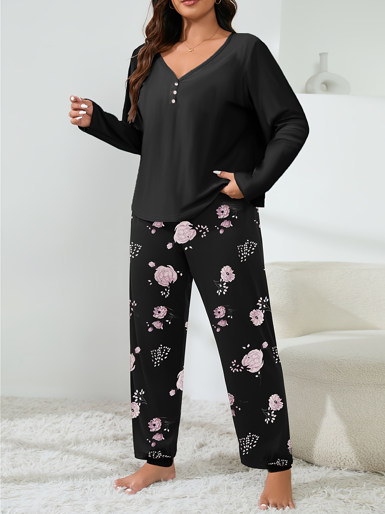 Plus Size Elegant Loungewear Set Women s Plus Solid Long Sleeve Henley Top Floral Print Pants Pajamas Two Piece Set