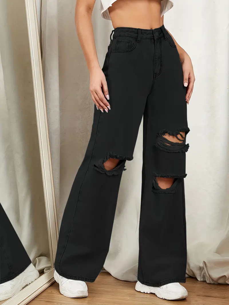 Black Ripped Holes Baggy Jeans, Straight Legs Loose Fit Wide Legs Jeans,  Women's Denim Jeans & Clothing