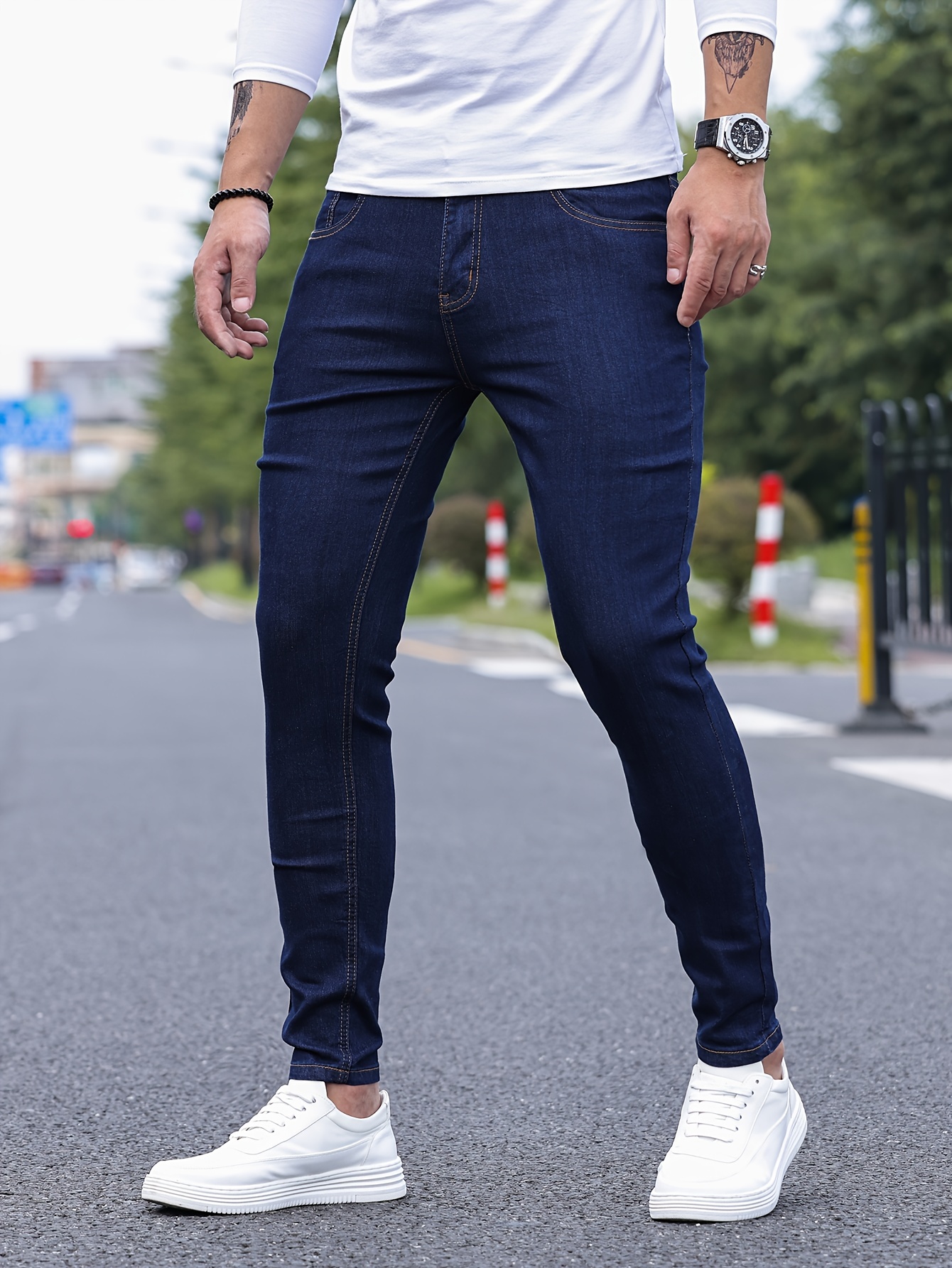 Washed Solid Woven Jeans, Men's Contrast Stitching Slim Fit Jeans Casual Street Style Stretch Denim Spring Summer Pants, Trousers,Casual,Temu