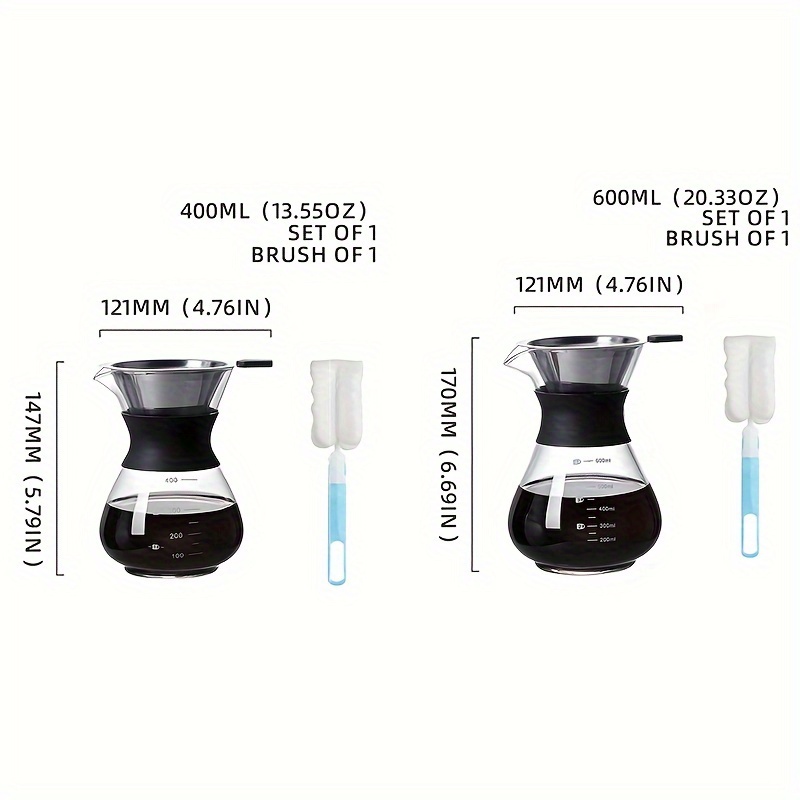 1pc Pour Over Coffee Maker, Pour Over Coffee Brewer with Stainless Steel  Coffee Filter, Large Capacity Dripper Coffee Maker Pour Over with Thermal  Insulating Silicone, 400ml/13.5oz, 600ml/20oz, 800ml/27oz