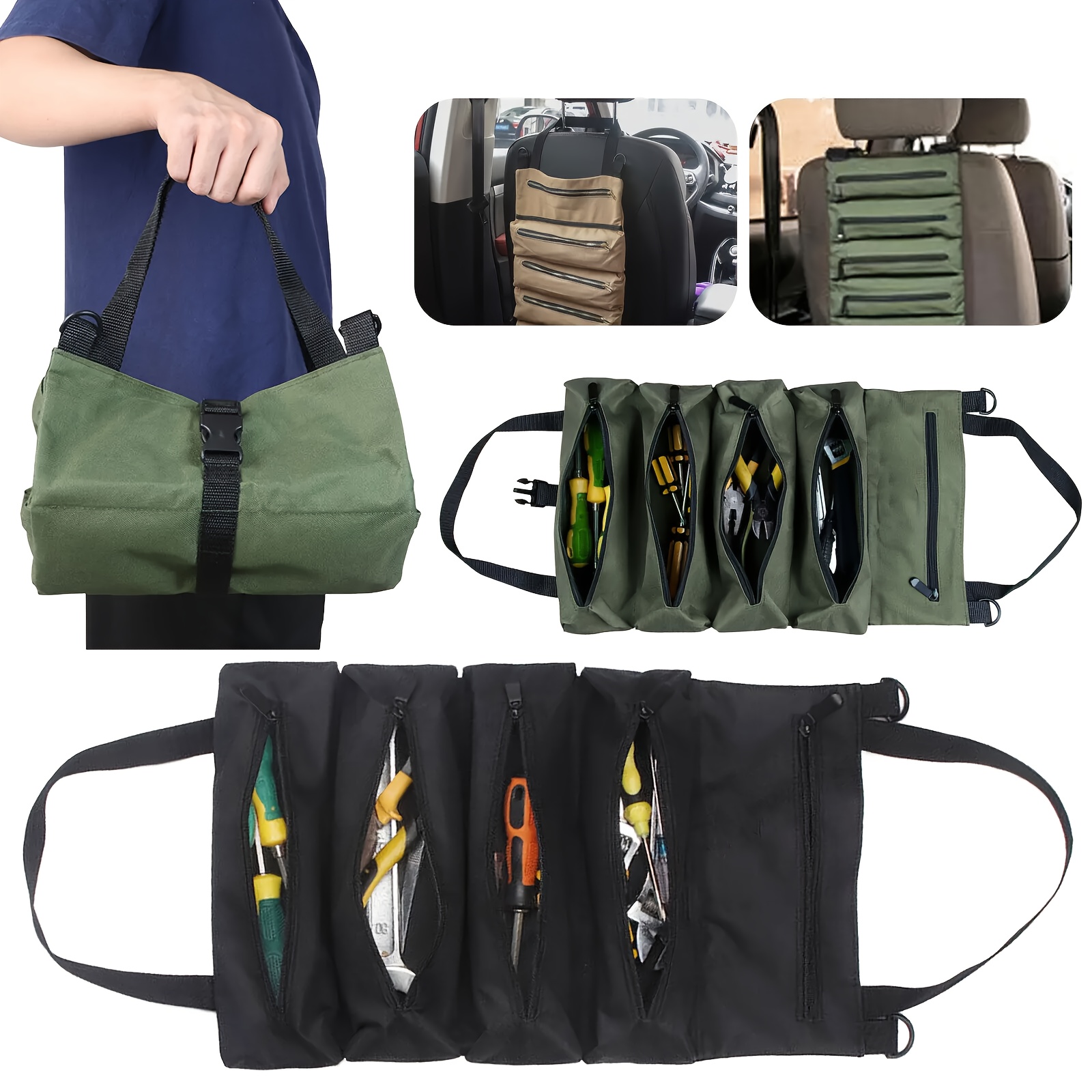Werkzeugtasche 5 Reißverschlusstaschen, Multifunktions-Rolltasche, Auto-Organizer-Werkzeugrolle,  Werkzeugrollentasche