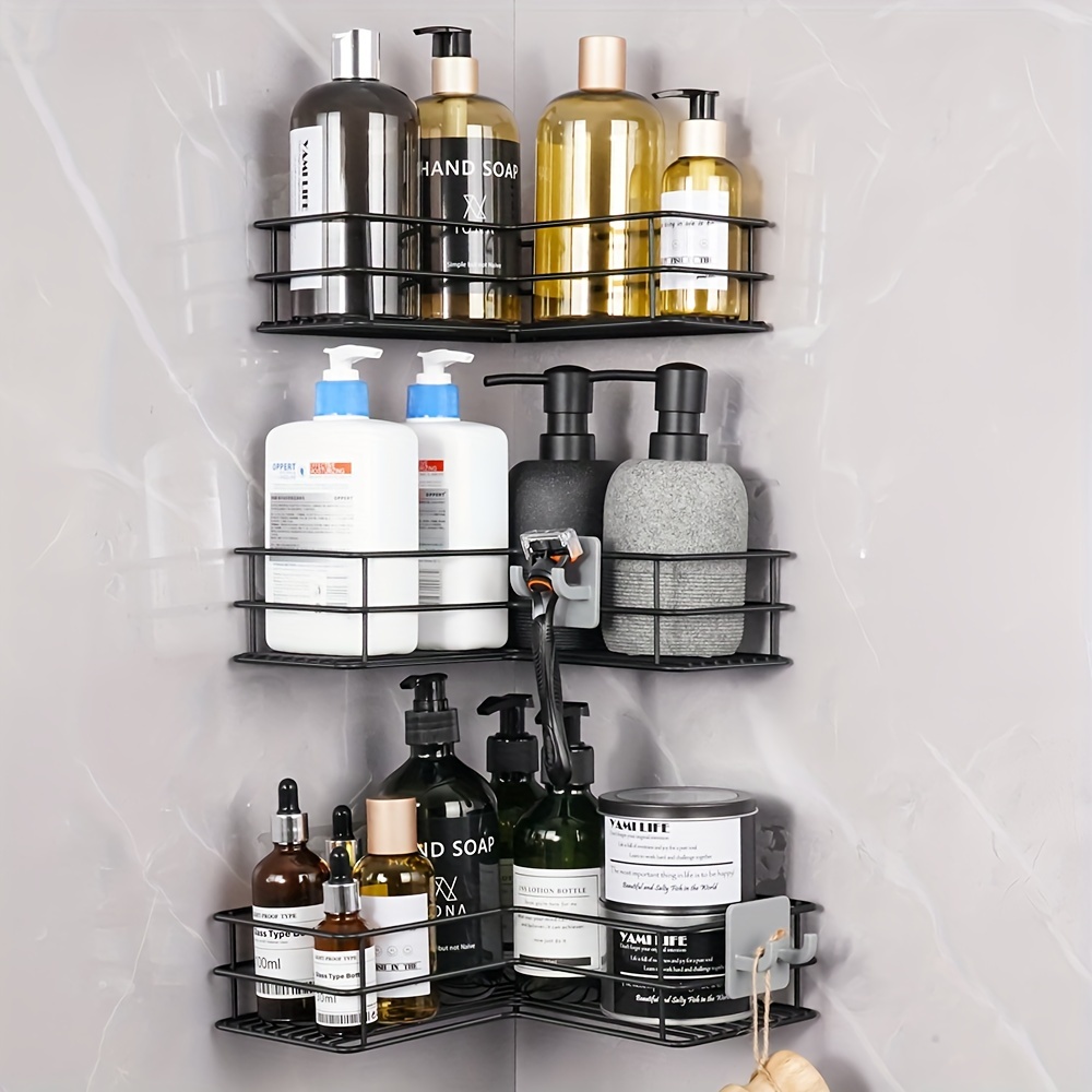 Shower Supplies Storage Rack With Hooks Self adhesive Black - Temu