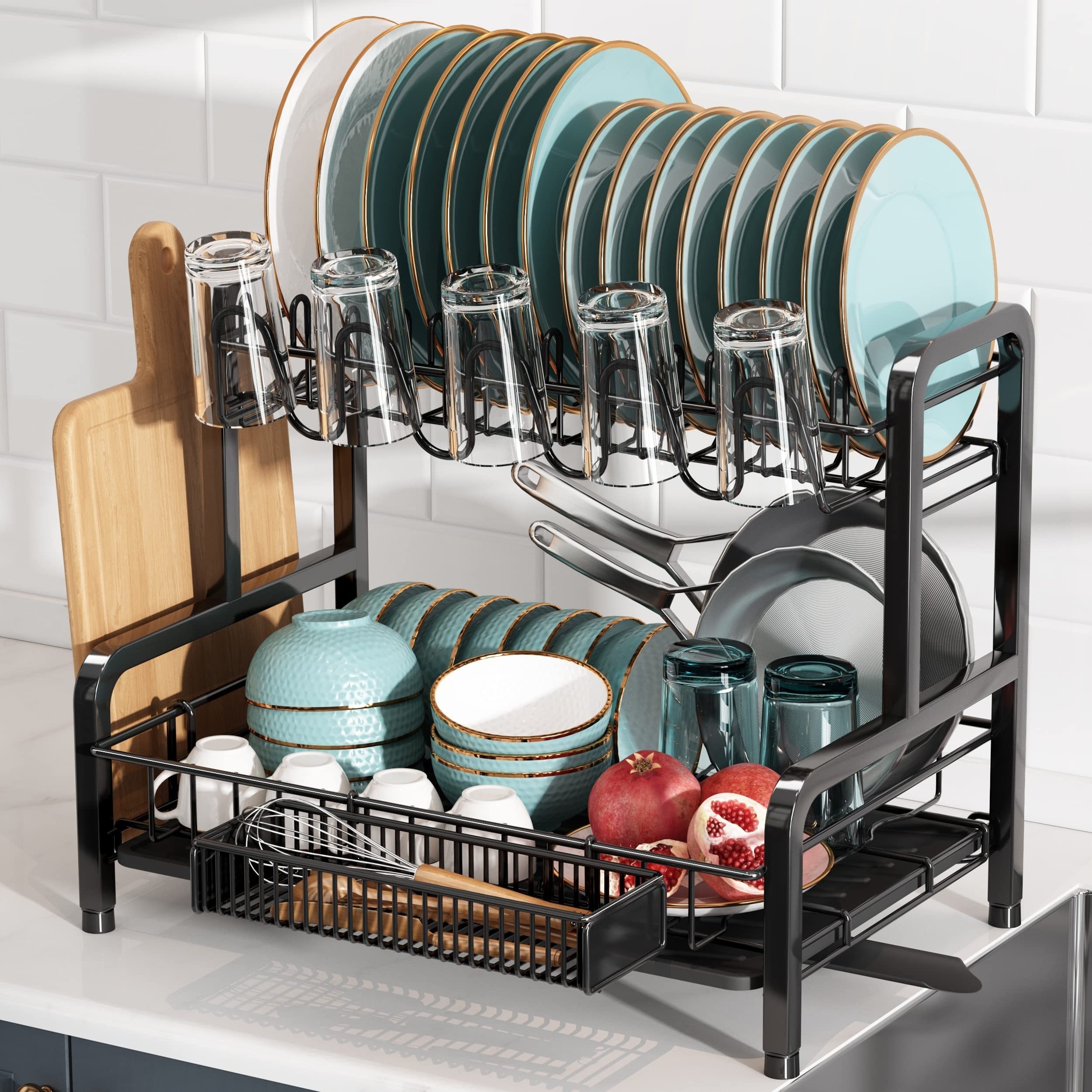 romision Dish Drying Rack and Drainboard Set, 2 Tier Large Stainless Steel  Sink Organizer Dish Racks
