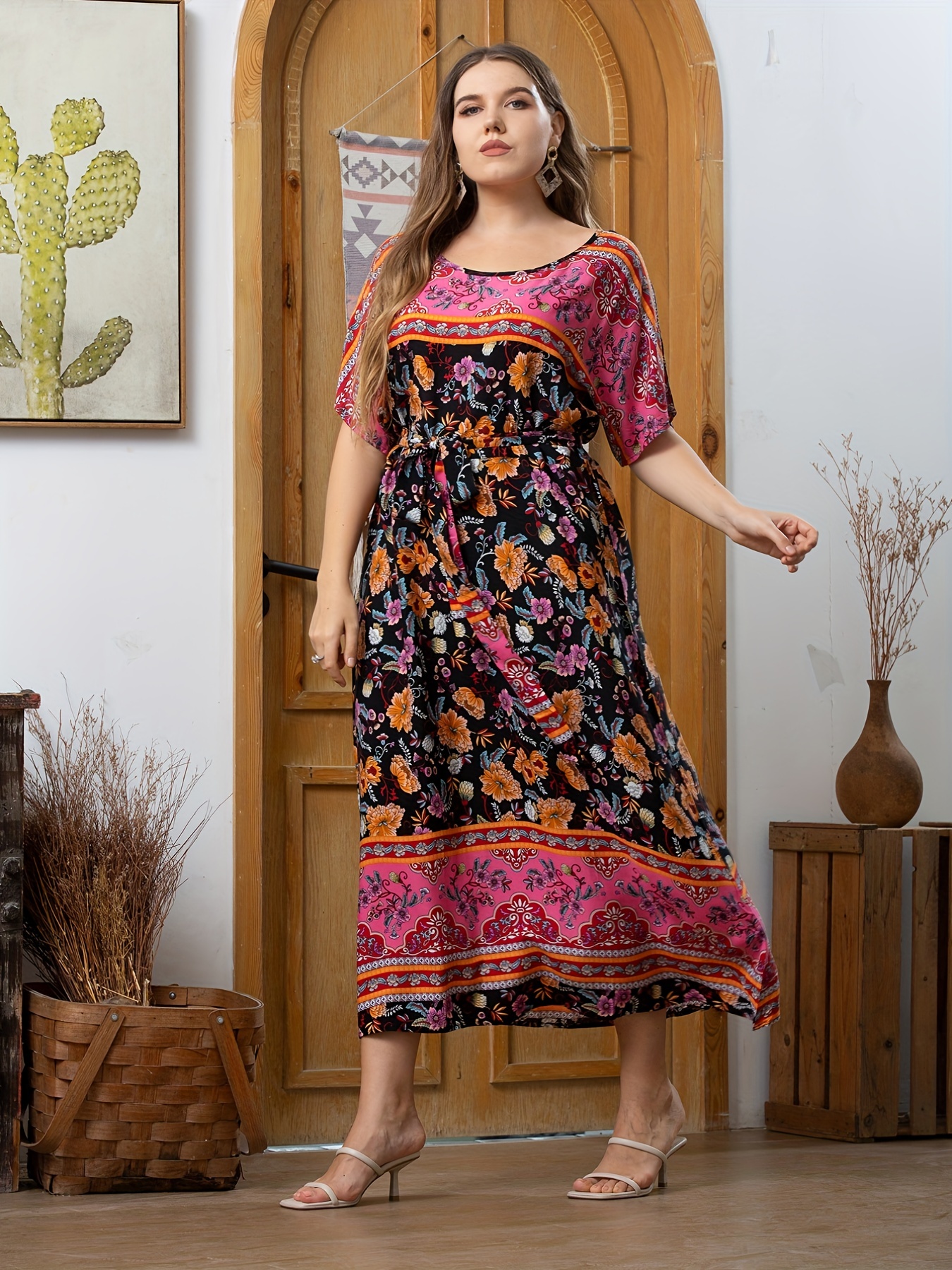 Plus Size Boho Dress Women's Plus Floral Print Short Sleeve - Temu