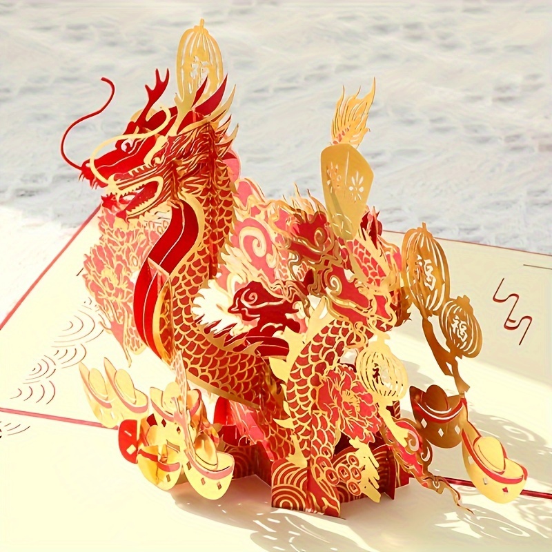 

1pc Carte de Vœux Pop-Up Dragon 3D Artisanale - Rouge Vibrant & Doré, en Intricat pour le An Chinois & Célébrations d'Anniversaire, Cadeau de Fête & Décoration pour Tous