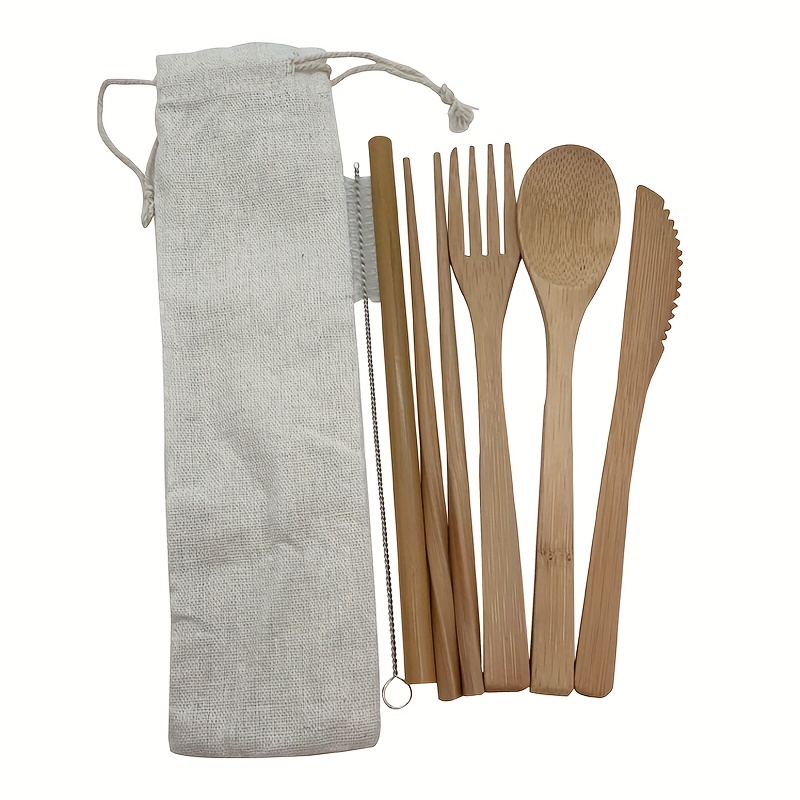 7pcs set bamboo cutlery set for travel and outdoor dining portable wooden flatware with spoon and fork sports & outdoors temu